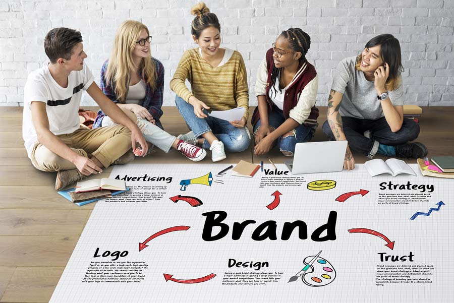Agency members looking at a branding infographic