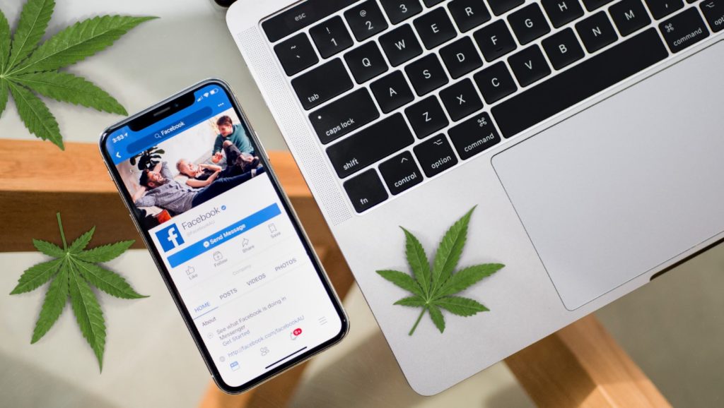 Facebook ads displayed on a mobile device as part of a cannabis digital marketing strategy