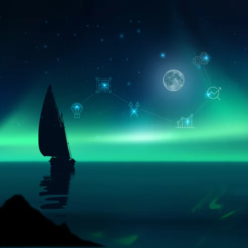 illustration of ship sailing under aurora and stars