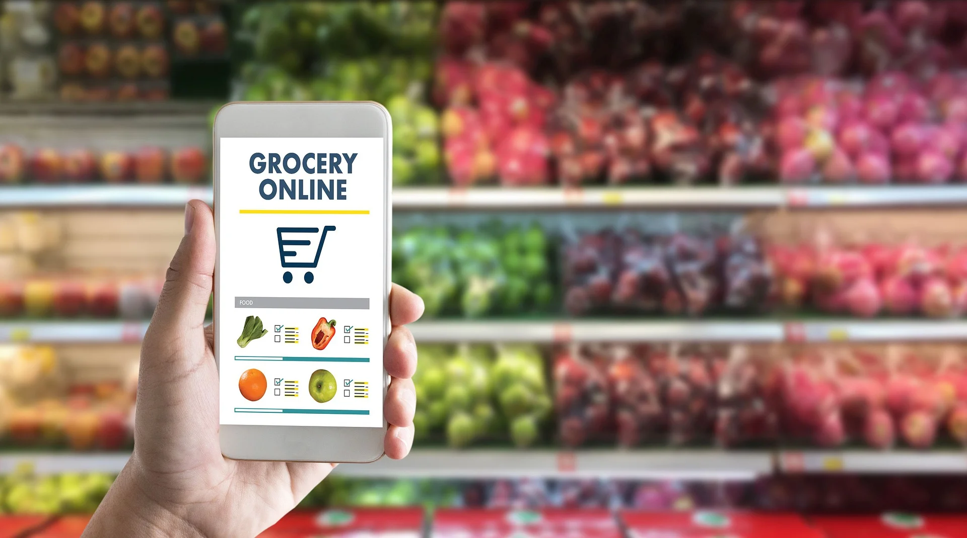 Person using a smartphone to order groceries online, with a grocery store aisle in the background. CPG digital trend