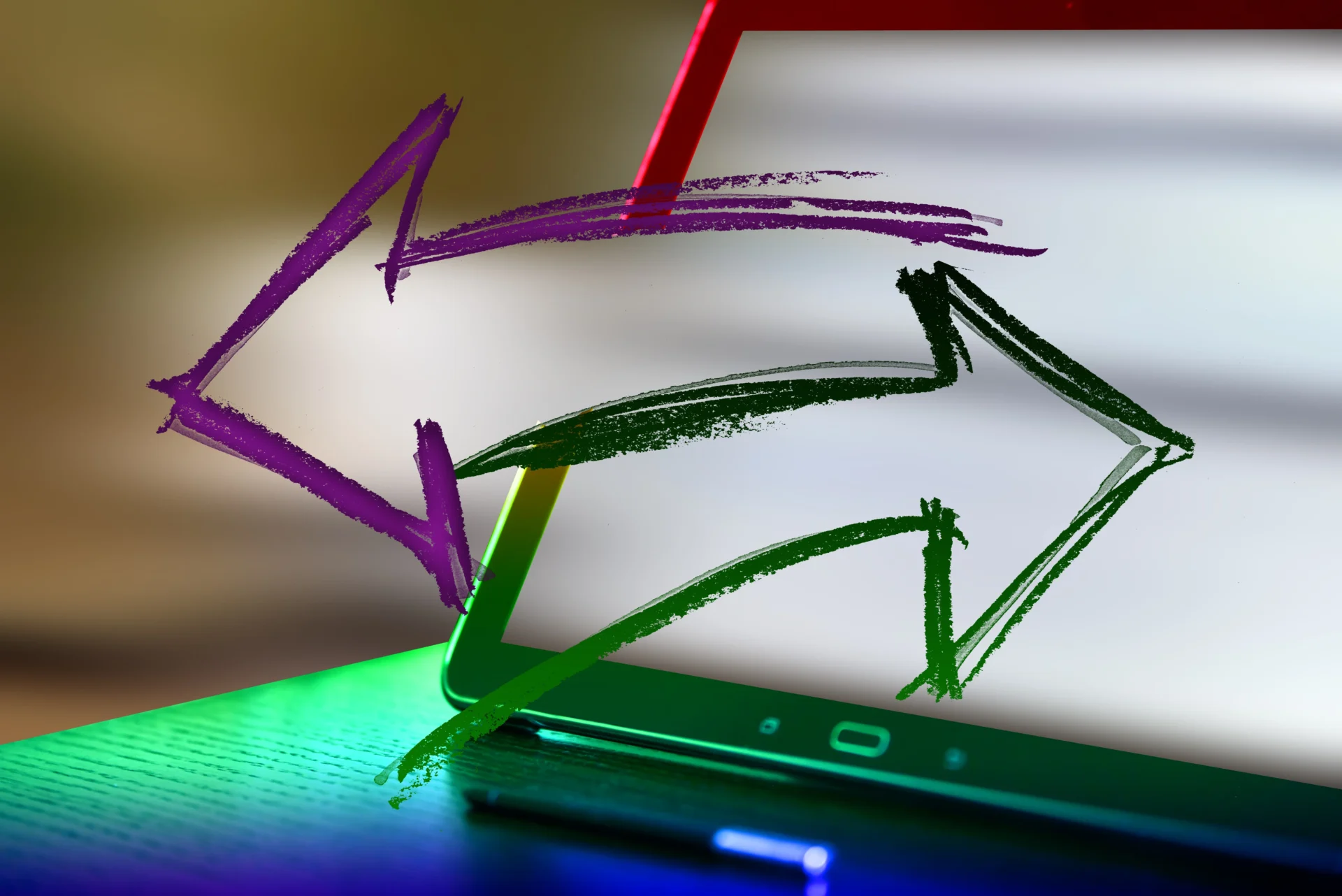 Interactive content displayed on a tablet screen with colorful arrows