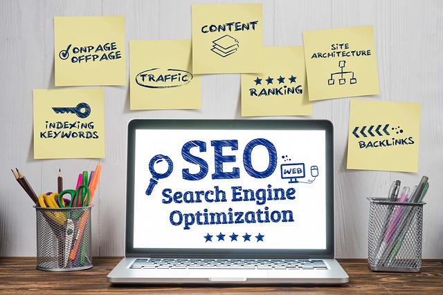 A visual representation of search engine optimization (SEO) concepts, featuring a laptop screen with the word 'SEO' and sticky notes illustrating various SEO factors. This image is a helpful guide for understanding the elements of SEO.