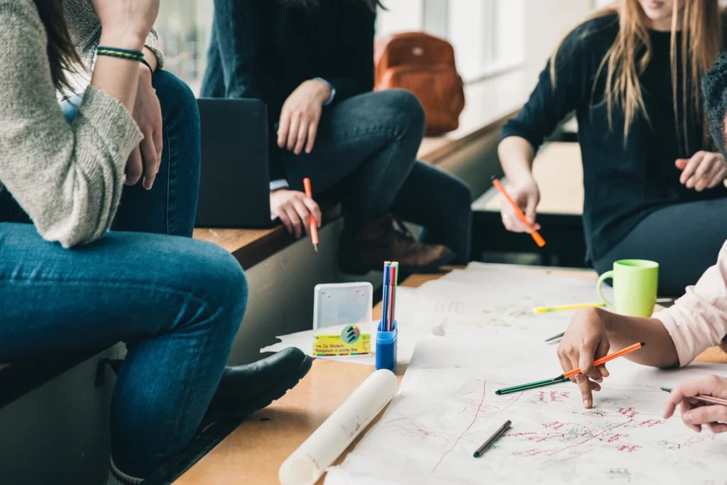 A group of people discussing marketing strategies.