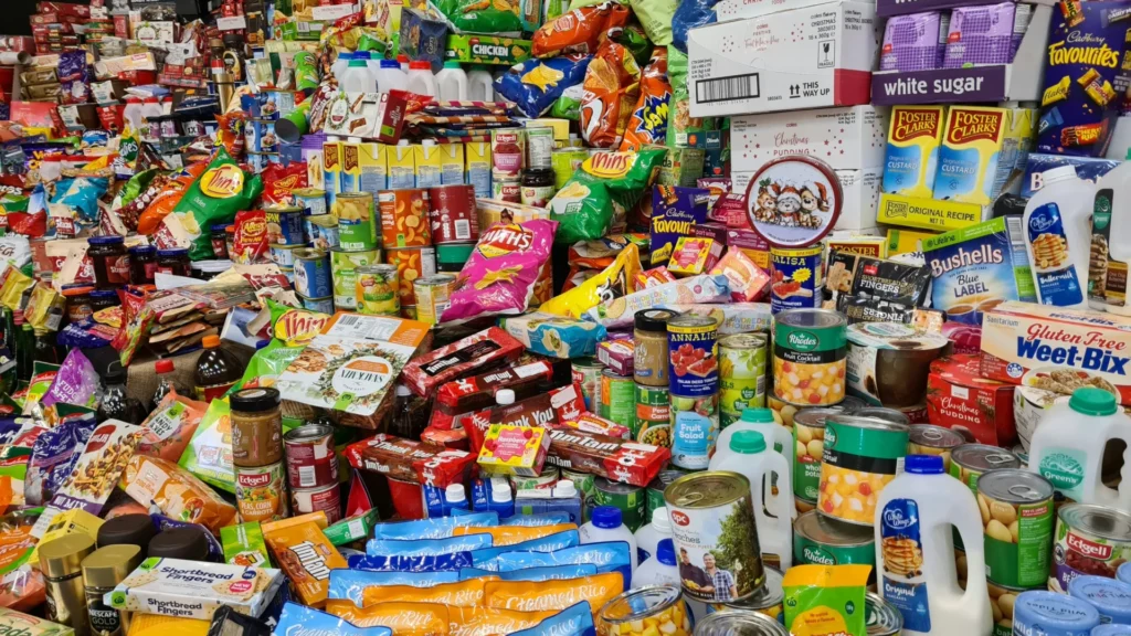Overwhelming display of various consumer packaged goods (CPG), illustrating the complexity of inventory in the supply chain.