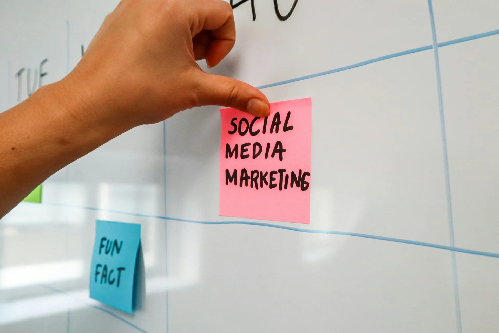 Hand pointing to a sticky note with "Social Media Marketing" written on it, representing the concept of a social media marketing funnel.