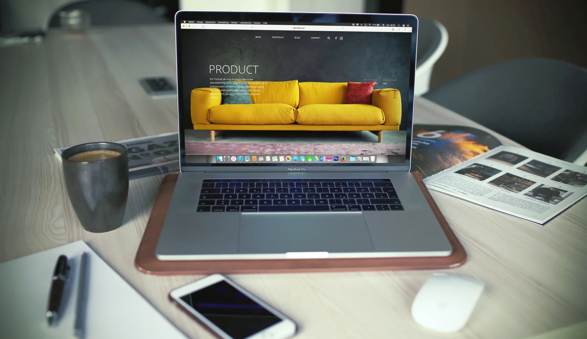 Laptop displaying a product landing page featuring a yellow sofa, ideal for a local SEO landing page.