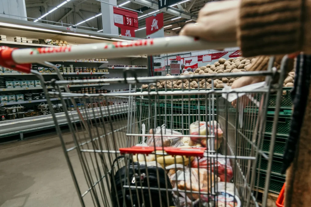 View from a shopping cart filled with groceries, showing supermarket aisles stocked with CPG products and signs of CPG product innovation.