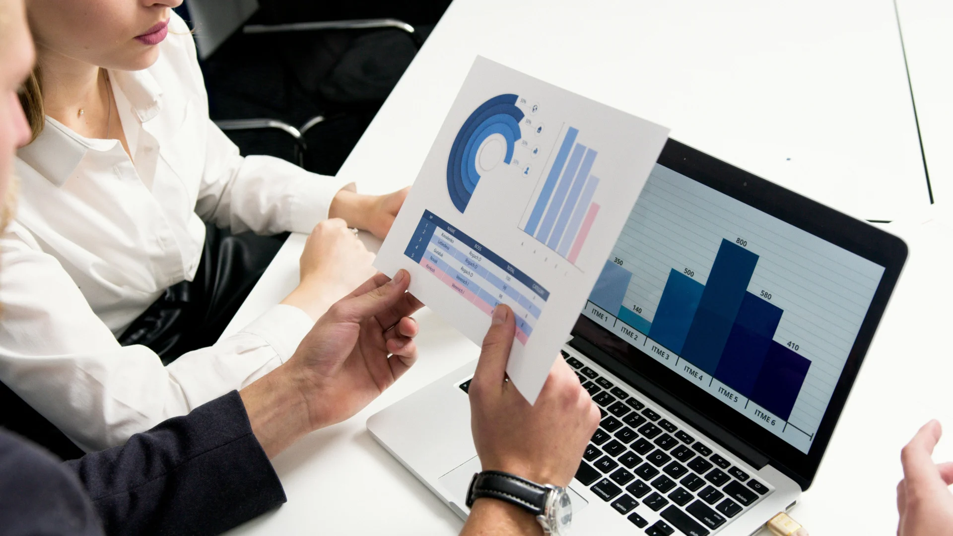 Two business professionals discuss a report with graphs and charts over a laptop, brainstorming effective marketing strategies for small businesses.