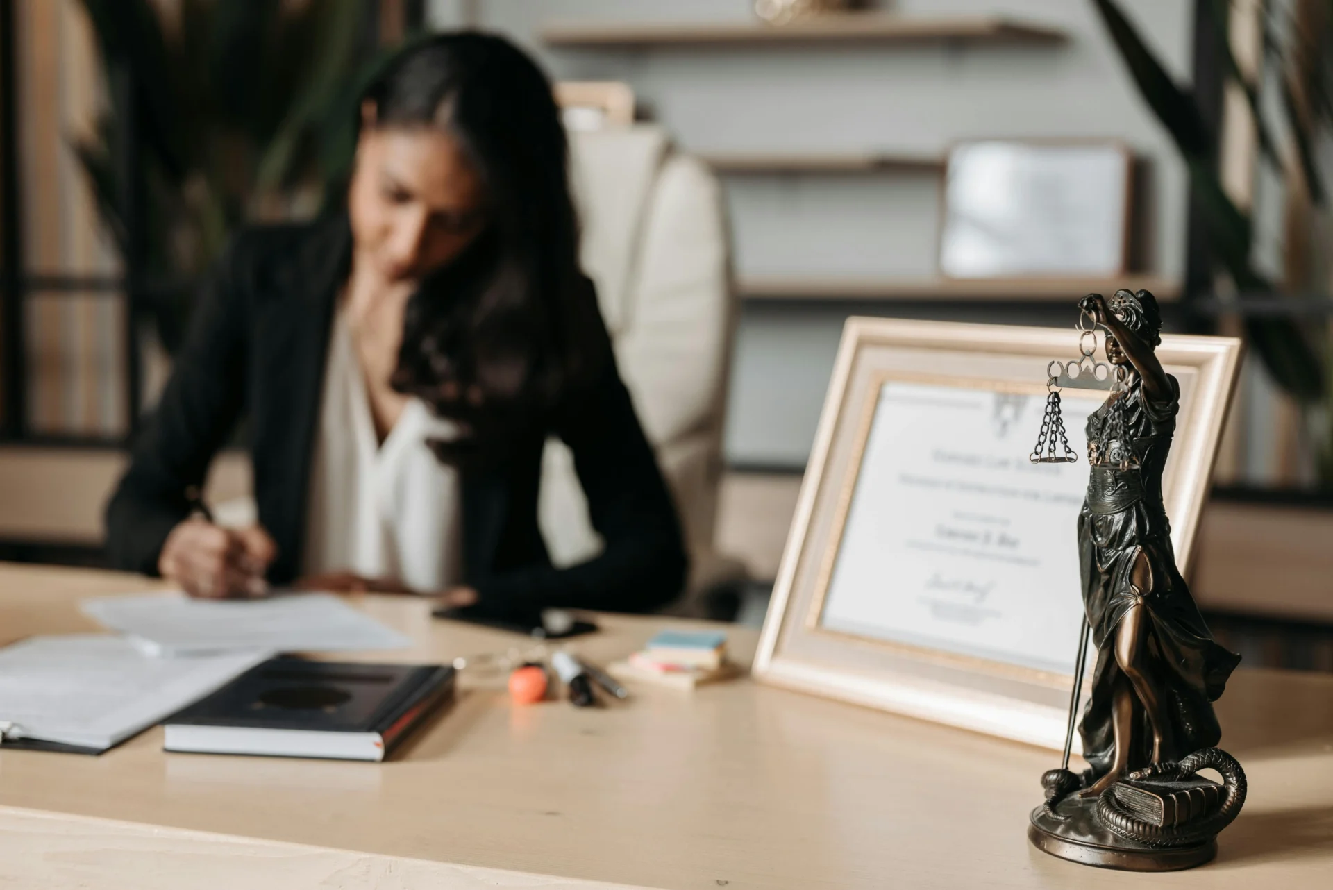 professional female lawyer working at desk with statue of Justice digital marketing for lawyers