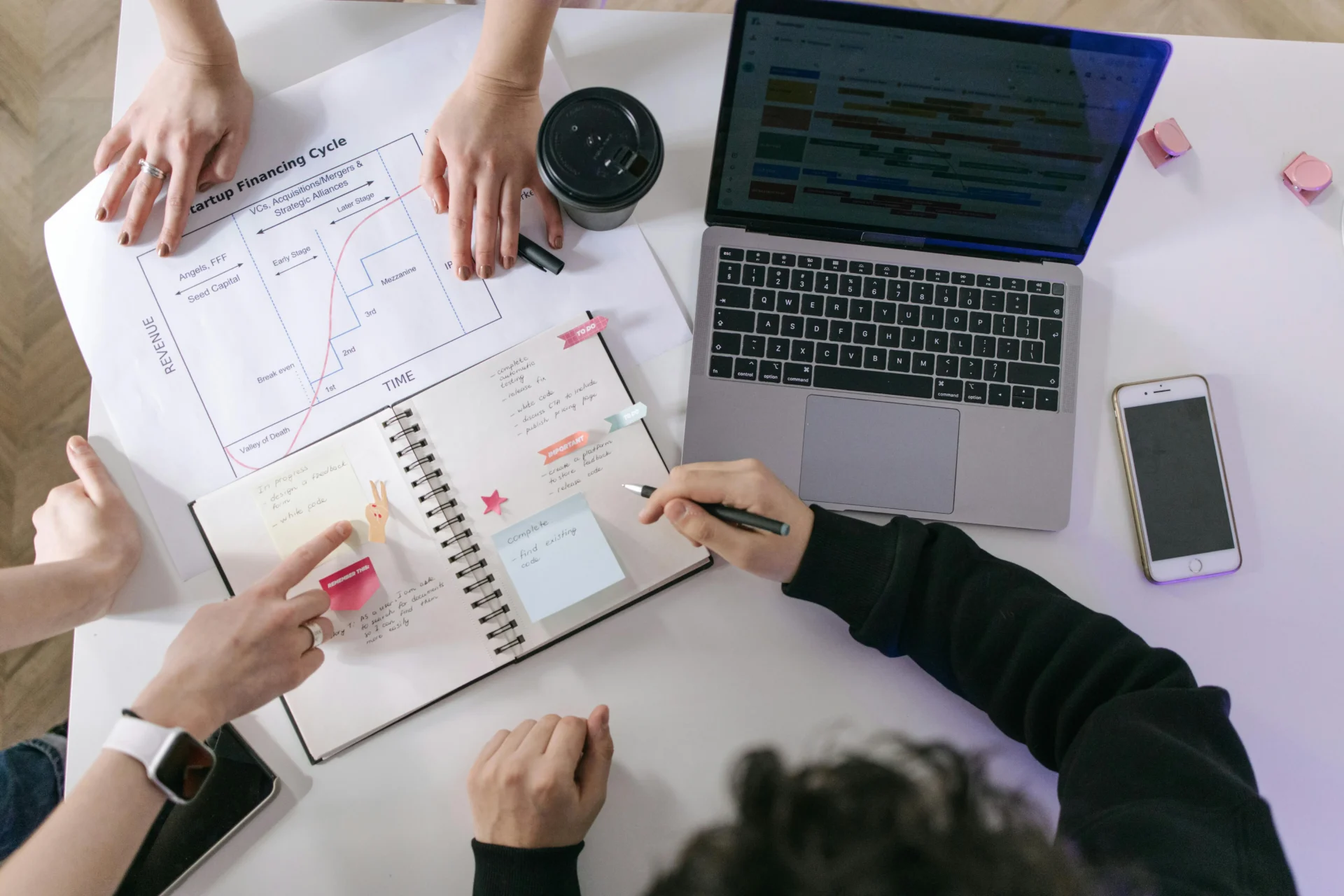 Marketing team reviewing startup financing cycle chart, notebook, and analytics dashboard on laptop to measure ROI from AI-driven brand visibility campaigns.