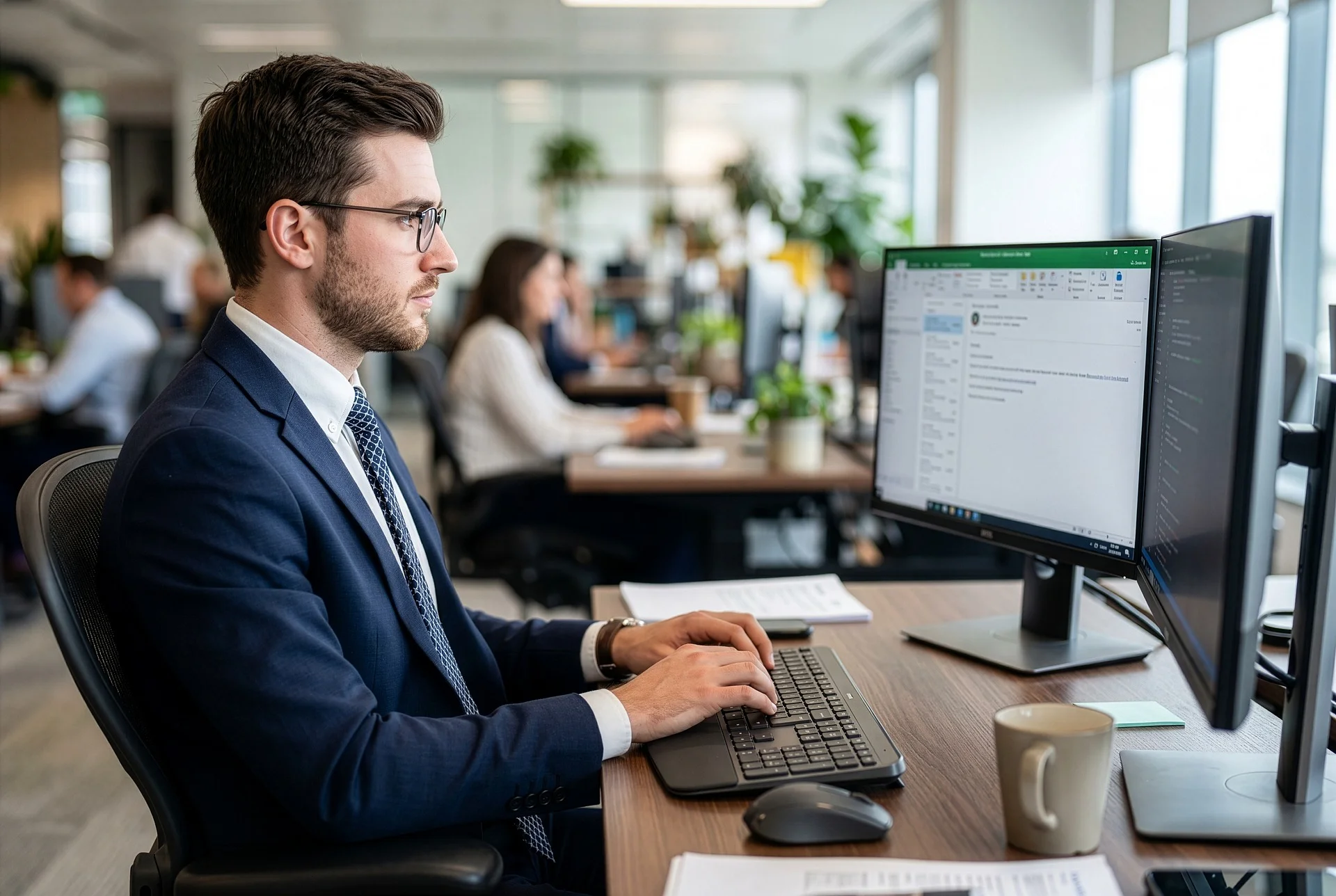 Professional analyzing data on dual monitors while building a technical GEO strategy